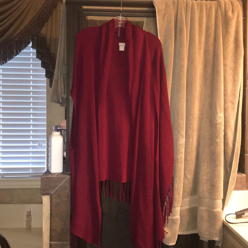 chico’s red shawl sweater set with fringe